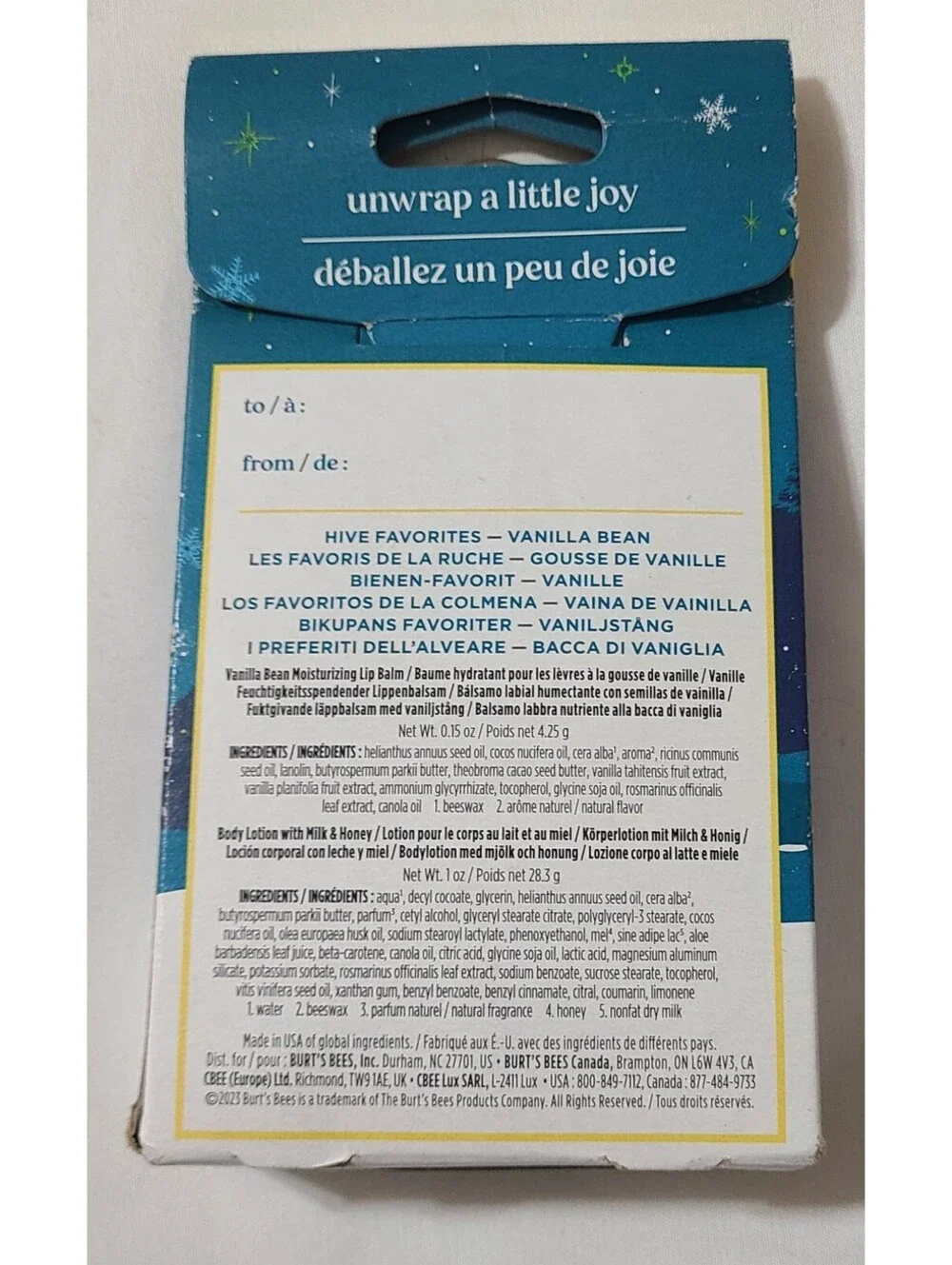 NEW 2pc Burt's Bees Hive Favorites Lip Balm & Body Lotion Gift Set Vanilla Bean